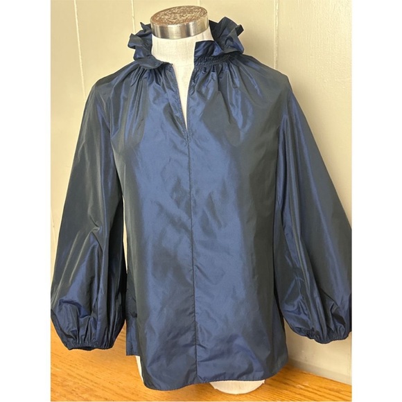 AKRIS PUNTO Blue Taffeta Ruffle Neck Blouse - Picture 9 of 11